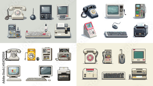 Retro technology pixel art set featuring vintage telephones, typewriters, old computers, and office electronics. Ideal for nostalgic tech, history, and digital design themes.