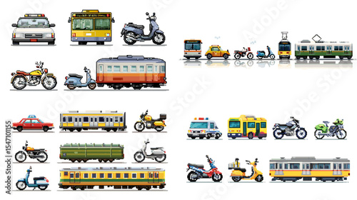 Colorful pixel art illustration of urban transportation including trains, buses, cars, scooters, and bicycles. Perfect for city transit, travel, and retro game projects.