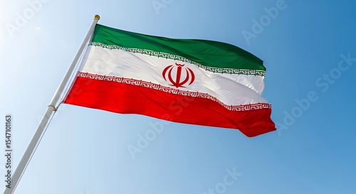 Waving National Flag with Green White and Red Stripes Against Blue Sky