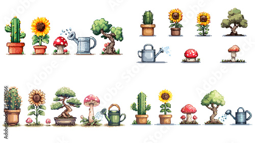 Cute pixel art plant icons featuring cactus, sunflower, bonsai, mushrooms, watering cans, and potted trees. Perfect for gardening, nature, and eco-themed projects