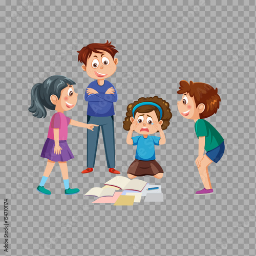 Crying Girl Surrounded by Teasing Children – Cartoon Vector

