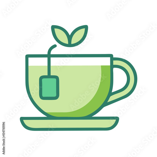 Simple illustration of hot green tea. Line. Tea. Tea time. Change of mood. Japanese style. Harmony. Japan. Tea leaves. Green tea. True. Matcha. Catechins.