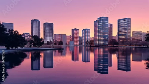 Serene city skyline at dusk reflecting on calm water with vibrant pink and purple hues in the sky