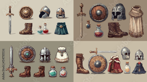 Vintage medieval RPG game assets set with sword, shield, helmet, boots, armor, and potions in pixel art style. Perfect for game design, fantasy, or retro illustration themes.