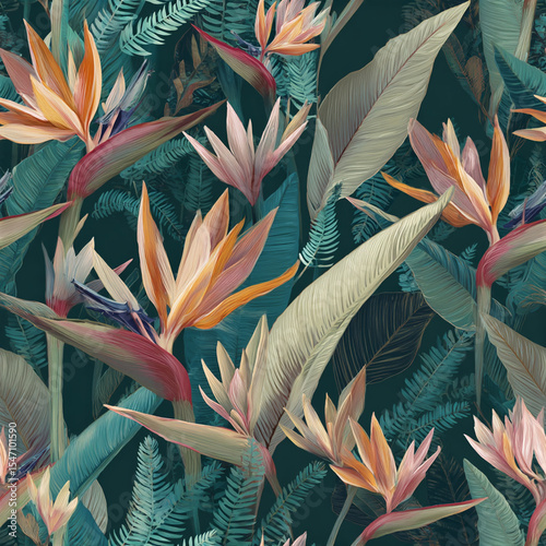 Seamless Tropical Pattern Bird of Paradise Flowers and Lush Leaves