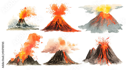 Watercolor Volcano Eruption Illustrations Set, PNG