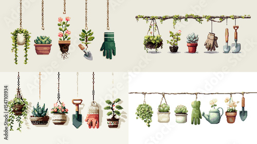 Charming hand-drawn garden tools and hanging plants icon set, perfect for nature, gardening, botany, eco-lifestyle, and spring-themed creative design projects.