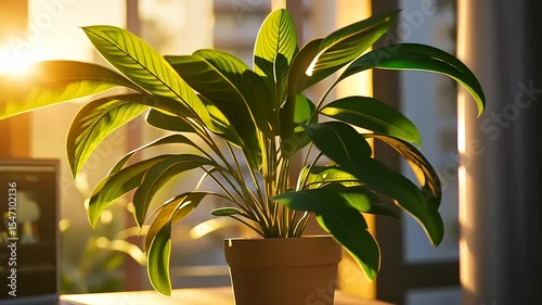Lush green plant basking in warm sunlight near a window, creating a serene indoor atmosphere