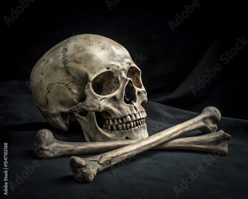 Anatomical Still Life Skull and Crossbones Against Dark Fabric Backdrop