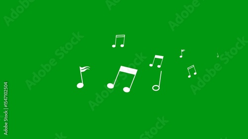 Animated white musical notes (eighth notes, quarter notes) float and drift gracefully across a vibrant green screen background. For music videos or education.