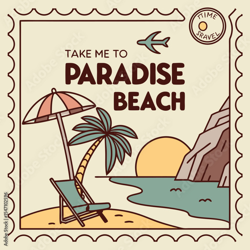 Vintage Travel Poster Paradise Beach Design Beige Background Palm Tree Beach Chair Umbrella Sunset Ocean Airplane