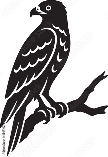 Silhouette of a falcon perched on a branch, Resting bird of prey forest theme
