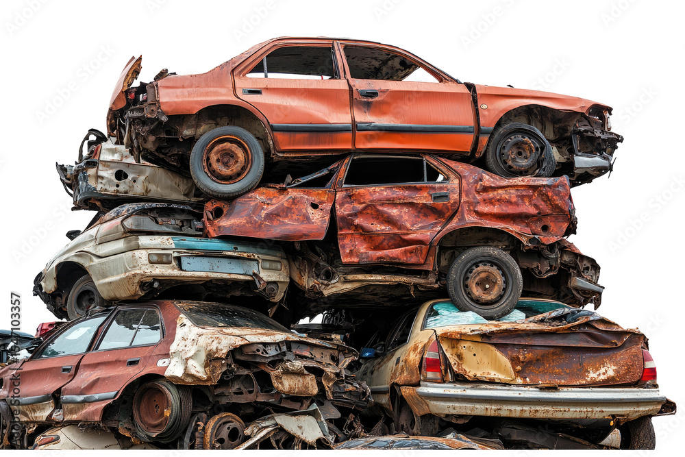 Fototapeta premium Old Rusty Junk Cars Stacked in Scrap Yard isolated on transparent white background, clipping path