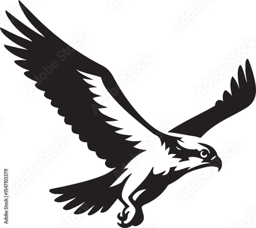 Photos Bold black and white illustration of a osprey in flight, Soaring bird dynamic sk