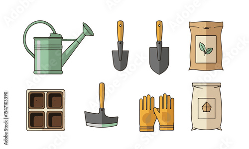 A colorful and clean set of flat vector icons illustrating various tools and elements related to gardening and farming, including sickles, shovels, rakes, tractors, and seed bags.