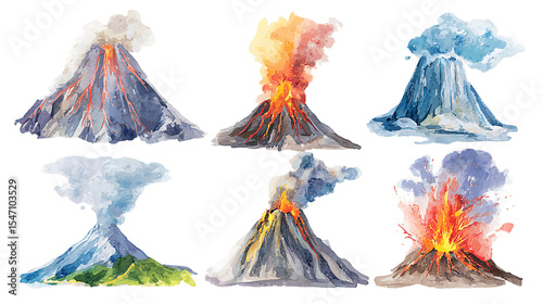 Watercolor Volcano Illustrations Collection, PNG