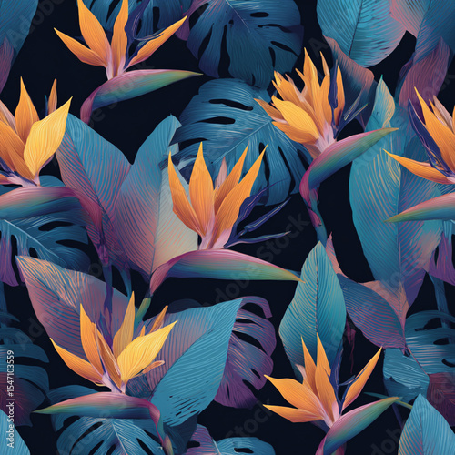 Vibrant Tropical Bird of Paradise and Monstera Leaf Seamless Pattern