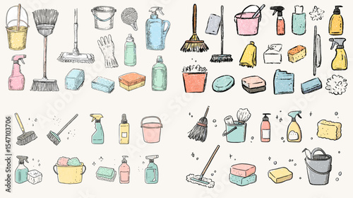 Hand-drawn cleaning tools and supplies set including mops, brooms, sponges, sprays, and buckets. Ideal for home cleaning illustrations and housekeeping graphics.