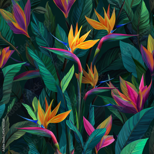 Vibrant Bird of Paradise Flowers and Lush Tropical Leaves