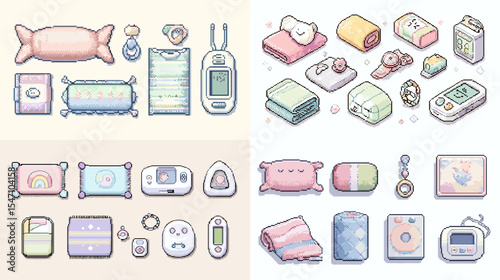 Pastel pixel art set of baby and nursery essentials including pillows, blankets, monitors, bottles, and toys. Cute digital icons for parenting, apps, and child care designs.