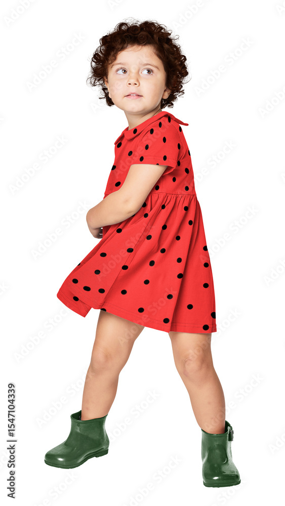 Little girl png wearing red polka dot dress, transparent background Little girl png wearing red polka dot dress, transparent background