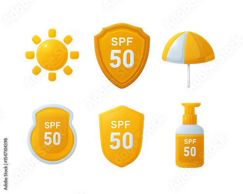 Yellow and White Sun Protection Icons Set on Transparent Background, PNG