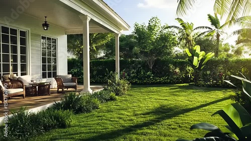 Serene garden view from a porch showcasing lush greenery and a peaceful atmosphere in daylight