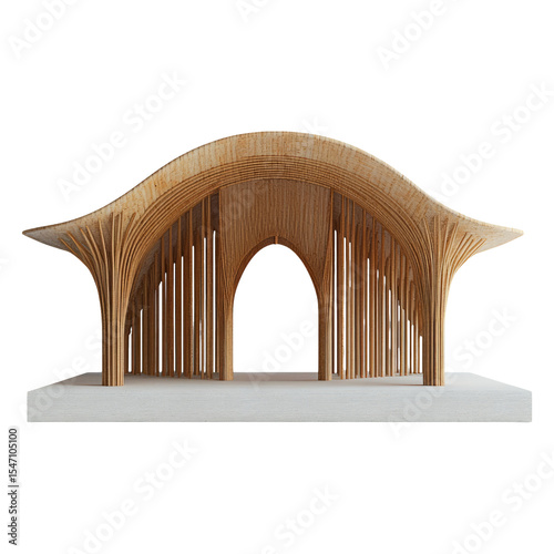 Wooden Architectural Model with Curved Design on Transparent Background