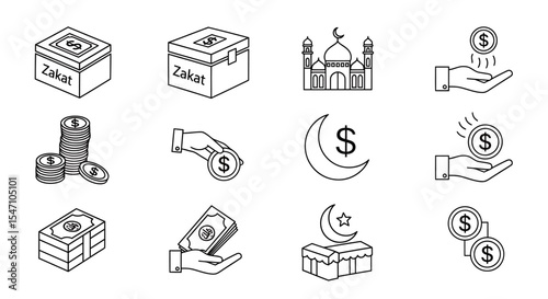 Vector Icons Set of Zakat Islamic Finance Icons Donation Box Mosque Money Hand Crescent. Vector Illustrations. EPS Editable