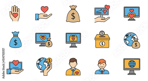 Vector Icons Set of Charity and Donation Icons Set Heart Money Bag Globe Computer People. Vector Illustrations. EPS Editable