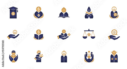 Vector Icons Set of Collection of Abstract Logos Peace Education Justice and Philanthropy Symbols in Navy Blue and Gold. Vector Illustrations. EPS Editable