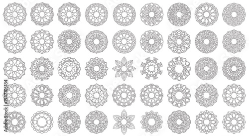 Vector Icons Set of Collection of 40 Grey Linear Mandala Designs Intricate Circular Patterns Geometric Ornament Islamic Art Style. Vector Illustrations. EPS Editable