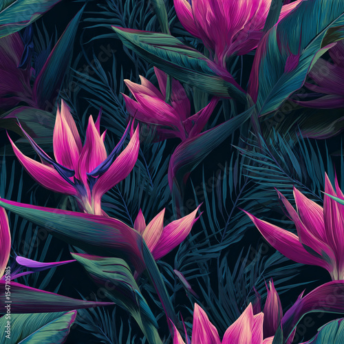 Vibrant Pink Tropical Flowers and Lush Green Leaves Seamless Pattern