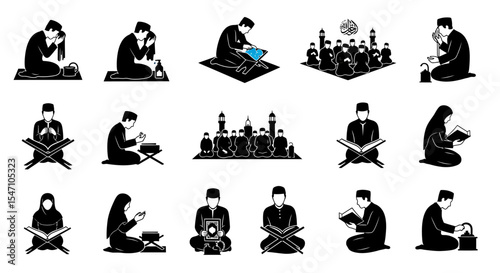 Vector Icons Set of Collection of Black Silhouettes Muslim Men and Women Performing Islamic Rituals and Prayers. Vector Illustrations. EPS Editable