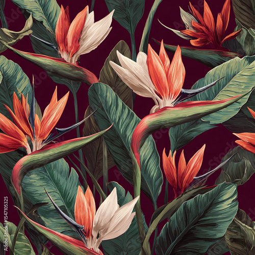 Bird of Paradise Flower Seamless Pattern Tropical Leaves Burgundy Background