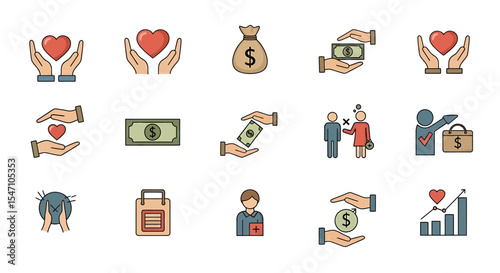 Vector Icons Set of Collection of Diverse FlatStyle Icons Depicting Charity Donation and Financial Aid. Vector Illustrations. EPS Editable