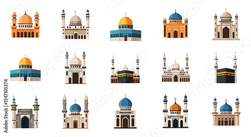 Vector Icons Set of Collection of Diverse Islamic Mosques Styles and Architectural Designs. Vector Illustrations. EPS Editable