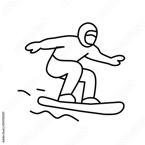 "Simple line drawing of a snowboarder in motion, gliding on snow. Wearing a helmet and snowsuit, arms outstretched for balance. Ideal for winter sports and activity icons."

