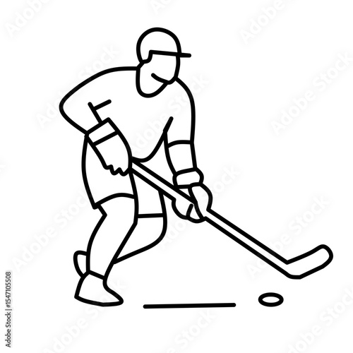 "Minimalist line art of an ice hockey player in action with stick and puck. Athlete in gear, ready to play. Perfect for sports icons, infographics, or winter game designs."

