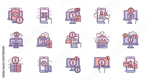 Vector Icons Set of Collection of Diverse Online Financial Transaction Icons Purple and Peach Color Scheme. Vector Illustrations. EPS Editable
