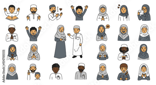 Vector Icons Set of Collection of Diverse Muslim People Illustrations in Various Poses and Expressions. Vector Illustrations. EPS Editable