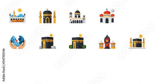 Vector Icons Set of Collection of Islamic Architectural Icons Mosques Kaaba and Symbolic Representations. Vector Illustrations. EPS Editable