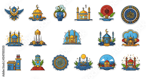 Vector Icons Set of Collection of Islamic Architectural Stickers Mosques Calligraphy and Symbolic Designs in Blue Gold and Red. Vector Illustrations. EPS Editable
