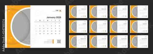 Modern new year 2026 desk calendar template. Calendar template for 2026 with week start on Sunday.