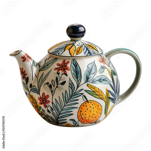 Colorful Floral Teapot on Transparent Background for Design Use