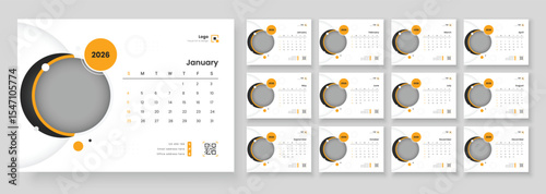Modern new year 2026 desk calendar template. 2026 monthly desk calendar template. Calendar template for 2026 with week start on Sunday.