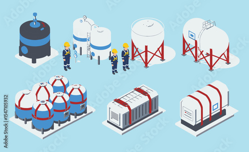 Industrial Infrastructure: Storage Tanks, Compressors, and Safety Protocols in Manufacturing flat vector illustration