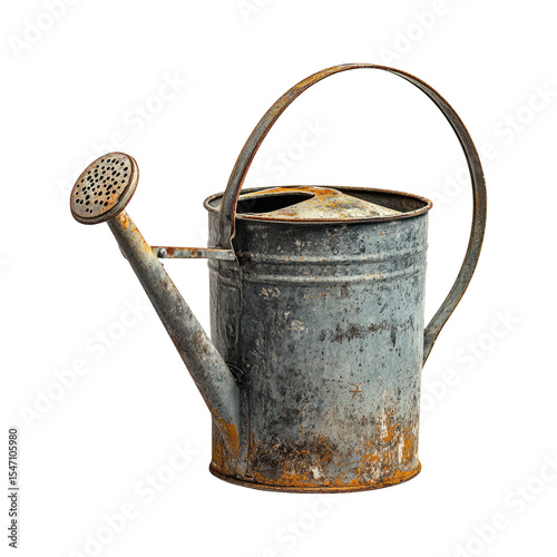 Vintage watering can with rust isolated on transparent background