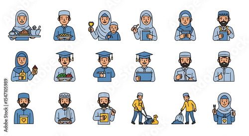 Vector Icons Set of Diverse Muslim People Icons Smiling Individuals in Various Activities and Attire. Vector Illustrations. EPS Editable