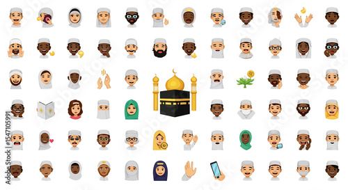 Vector Icons Set of Diverse Muslim People Emoticons with Various Expressions and Poses. Vector Illustrations. EPS Editable